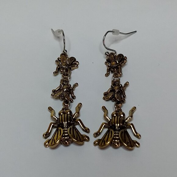 Jewelry - Fly Charm Earrings Gold Tone Dangle Three Flies Novelty Nature Statement Insect